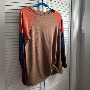 Rae Mode bottom knot colorblock sleeve brown shirt